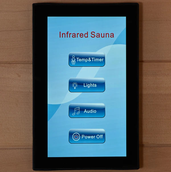 Screen to select Temp & Timer, lights, Audio and to power the sauna Off