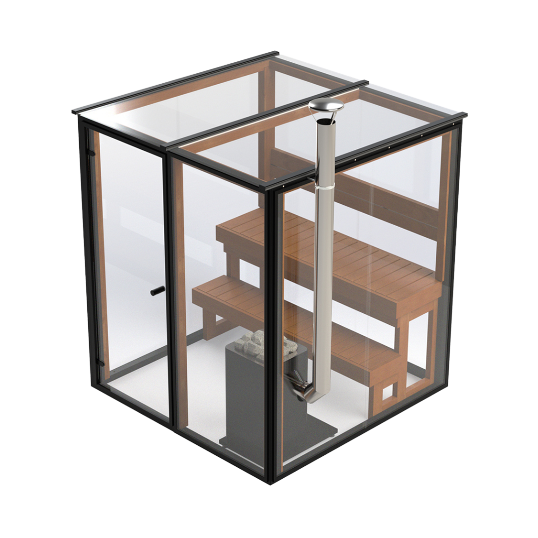 A traditional outdoor luxury sauna with clear glass walls and a wooden interior, featuring a sauna bench and a heater.