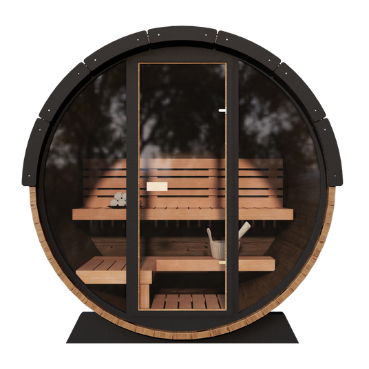 Nordic II Front Glass compact 3-person barrel sauna with a glass door for a clear outdoor view, thermally-modified pine exterior, and a watertight shingled roof kit