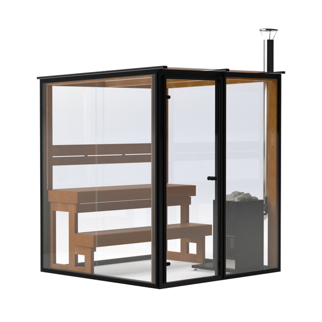 A traditional outdoor luxury sauna with clear glass walls and a wooden interior, featuring a sauna bench and a heater.
