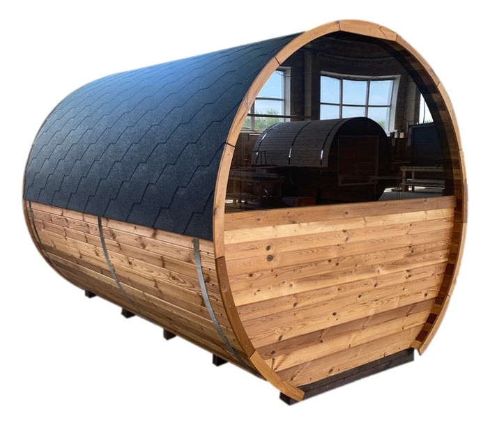 Exterior view of the Stellar 6-person barrel sauna