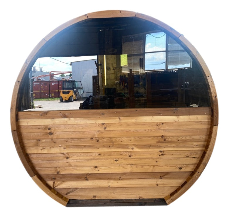 Exterior view of the Stellar 6-person barrel sauna