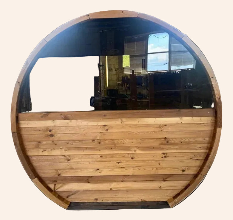 Exterior view of the Stellar With Relax Room 6-person barrel sauna