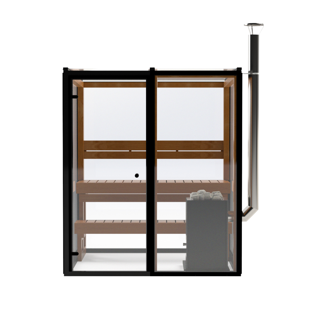 Panorama Glass, a traditional outdoor luxury sauna with clear glass walls and a wooden interior, featuring a sauna bench and a heater.