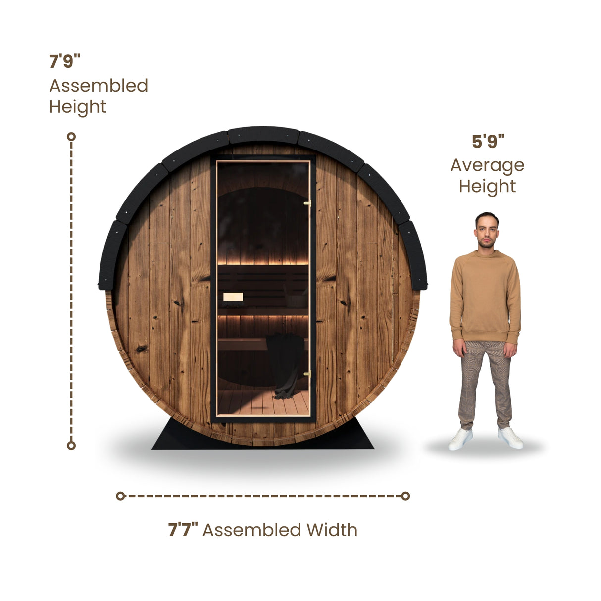 Dimensions of Nordic King 4-person Barrel Sauna made of wood with 2 benches and a full glass front with 7.7 feet base, 7.9 feet high and 6.9 feet deep compared to the average size of a human (5.9 feet)