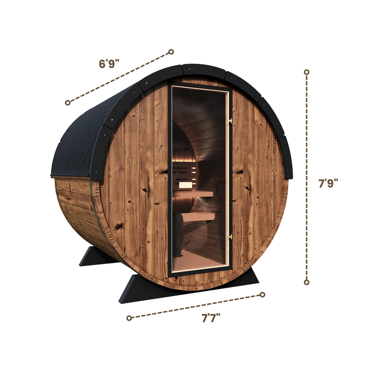 Dimensions of Nordic King 4-person Barrel Sauna made of wood with 2 benches and a full glass front with 7.7 feet base, 7.9 feet high and 6.9 feet deep