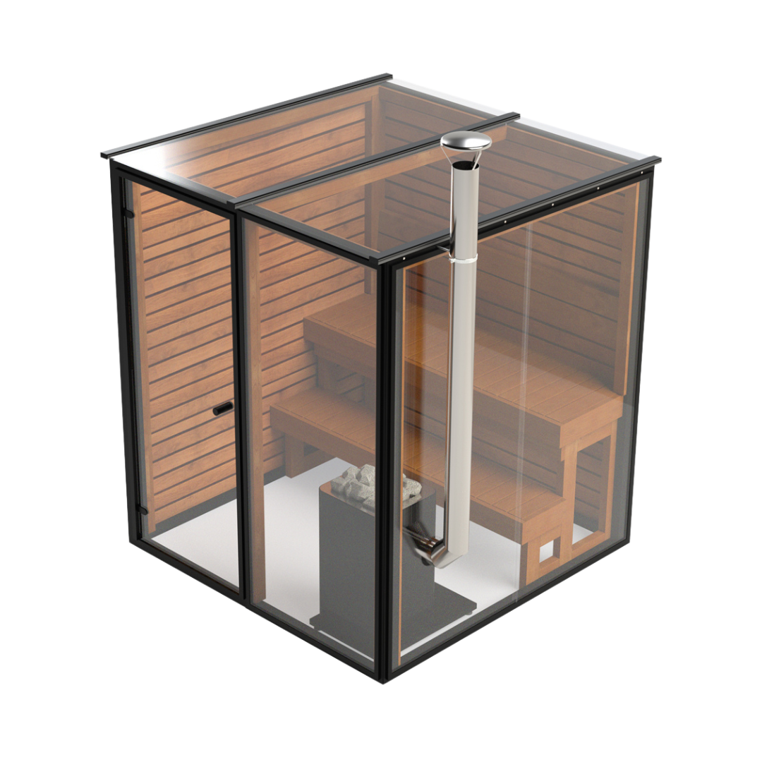 Panorama Glass, a traditional outdoor luxury sauna with clear glass walls and a wooden interior, featuring a sauna bench and a heater.