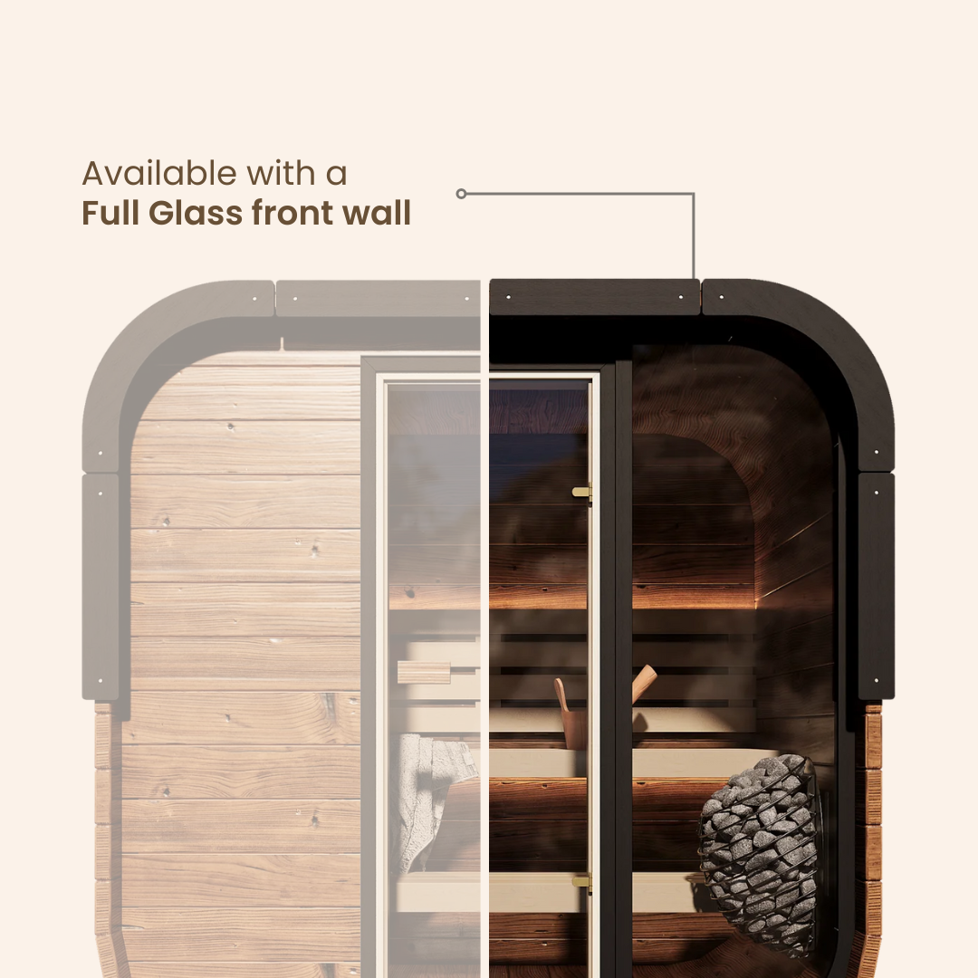 Cropped front view of the Governor Outdoor Traditional Sauna next to its full front glass wall version