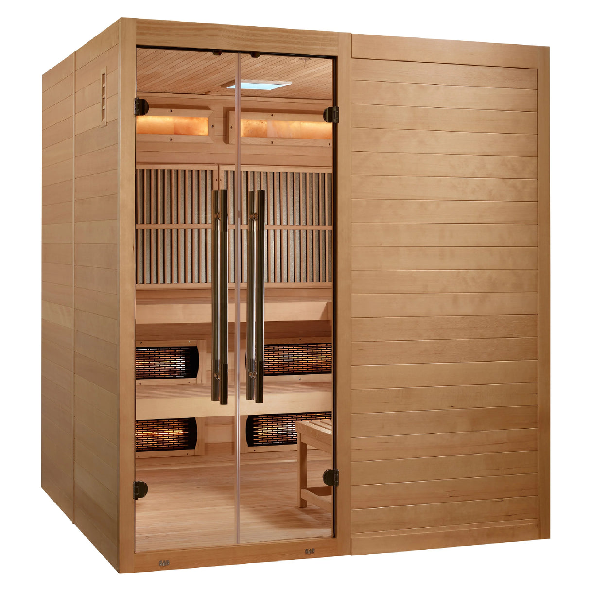 Front look of the Harmony Hybrid Indoor Sauna with wooden walls and a glass door.