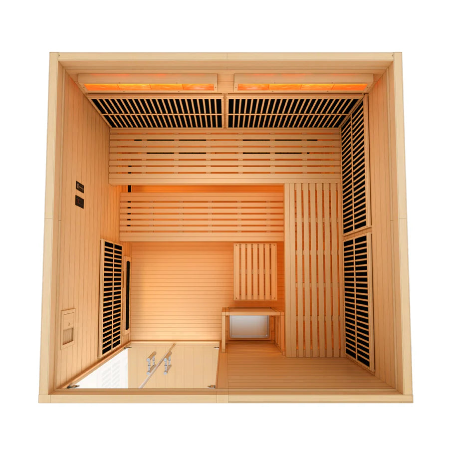 Cenital look of the Harmony Hybrid Indoor Sauna interior.