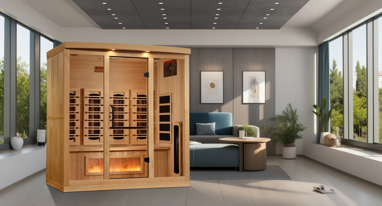Allure Full Spectrum Infrared Indoor Sauna on a living room