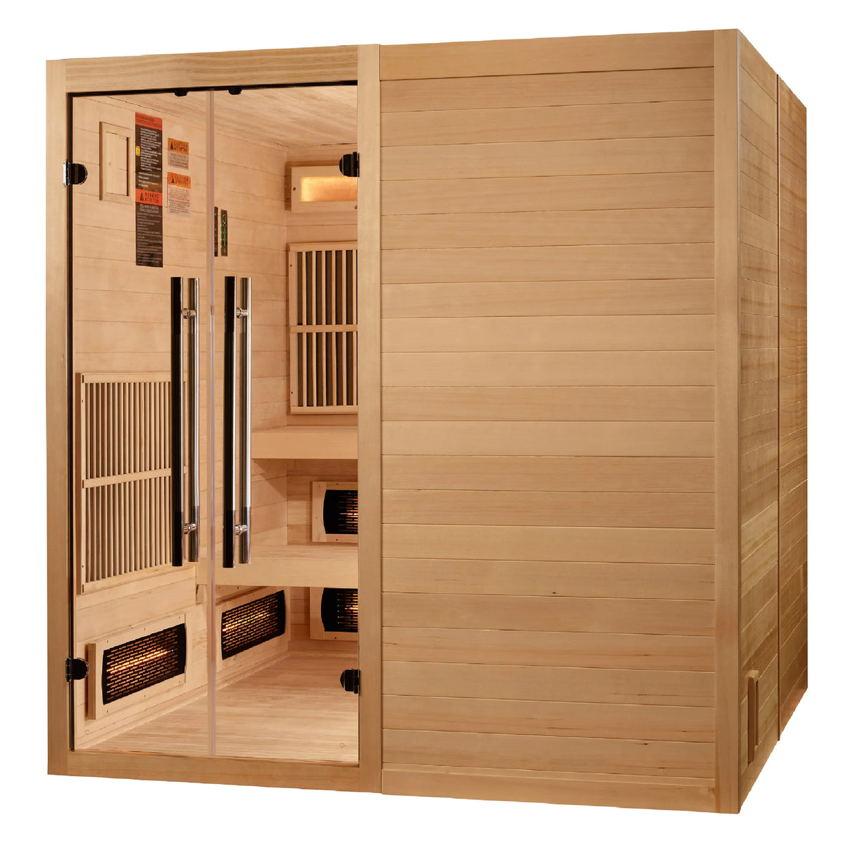 Front look of the Harmony Hybrid Indoor Sauna with wooden walls and a glass door.