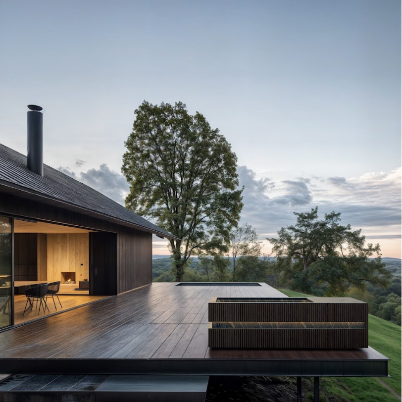 Loki Thermo Ash-Desir Noir cold plunge on the deck of a modern house at dusk