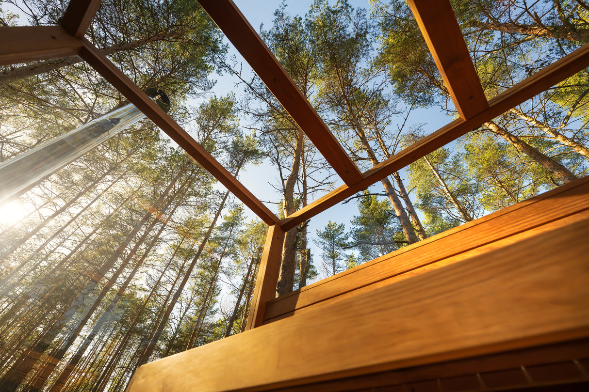 Interior view of the glass roof in a Panorama Glass Sauna.