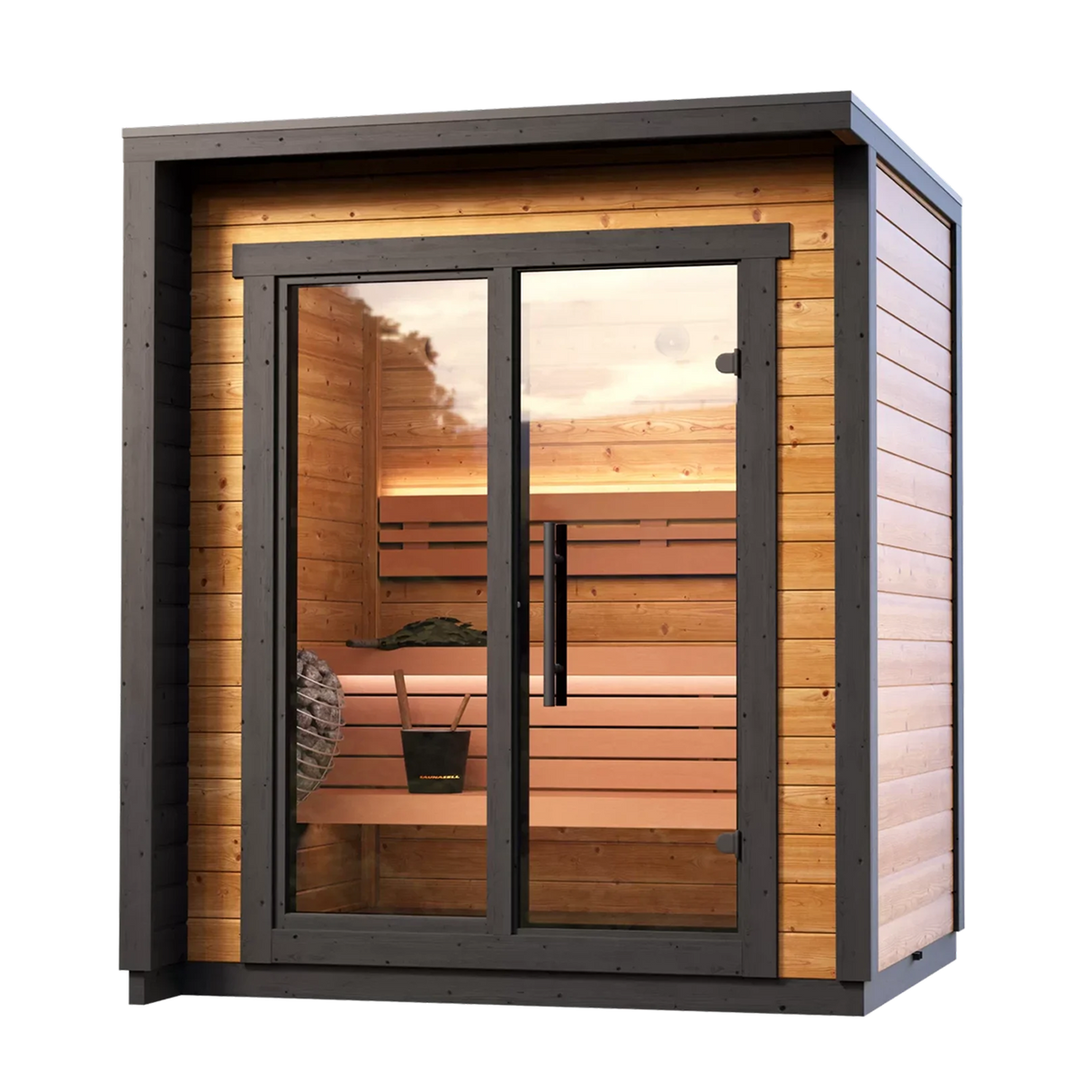 A traditional outdoor luxury sauna with a glass door and wooden walls and ceiling.