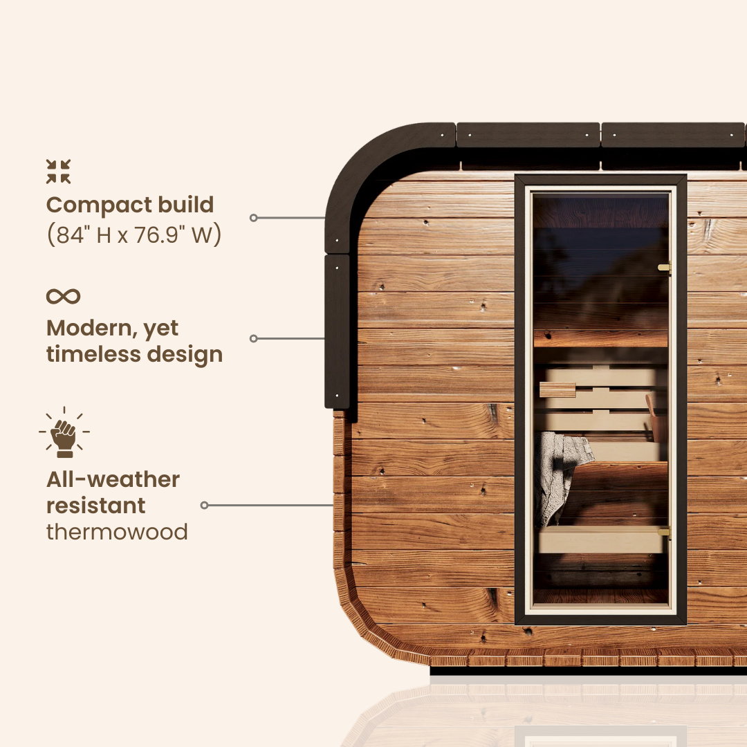 Right side view of the Governor Outdoor Traditional Sauna with all-weather Thermowood paneling, showcasing compact dimensions and modern design features.