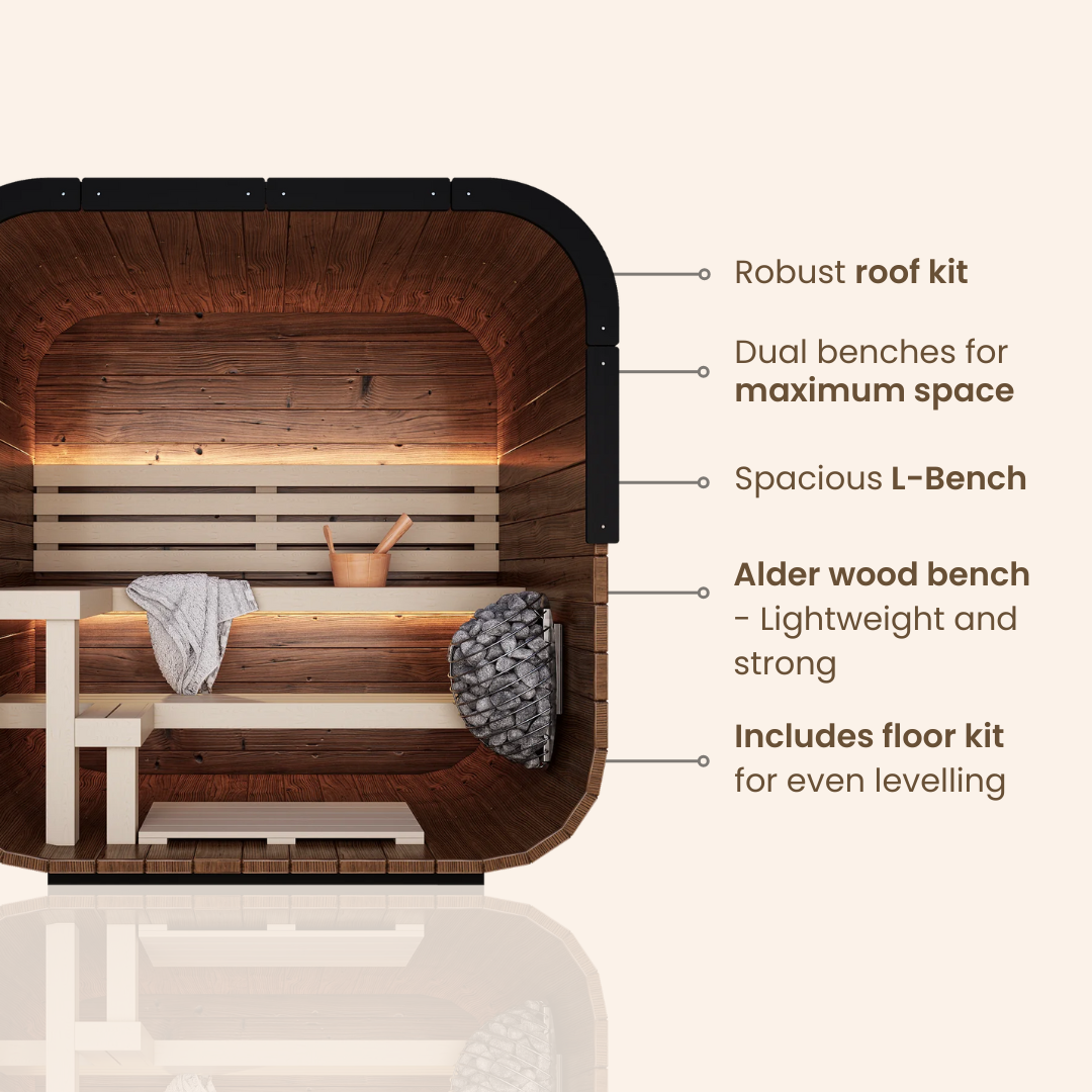 Left side interior view of the Governor Outdoor Traditional Sauna with its robust roof kit, dual L-bench, alder wood bench material, and floor kit for even levelling
