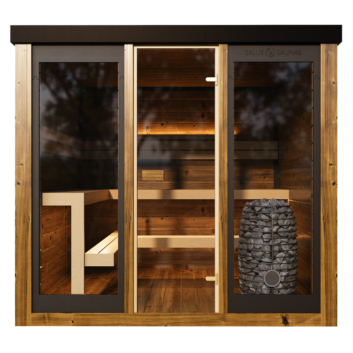 Front exterior view of the Grand Monarch Outdoor Traditional Sauna