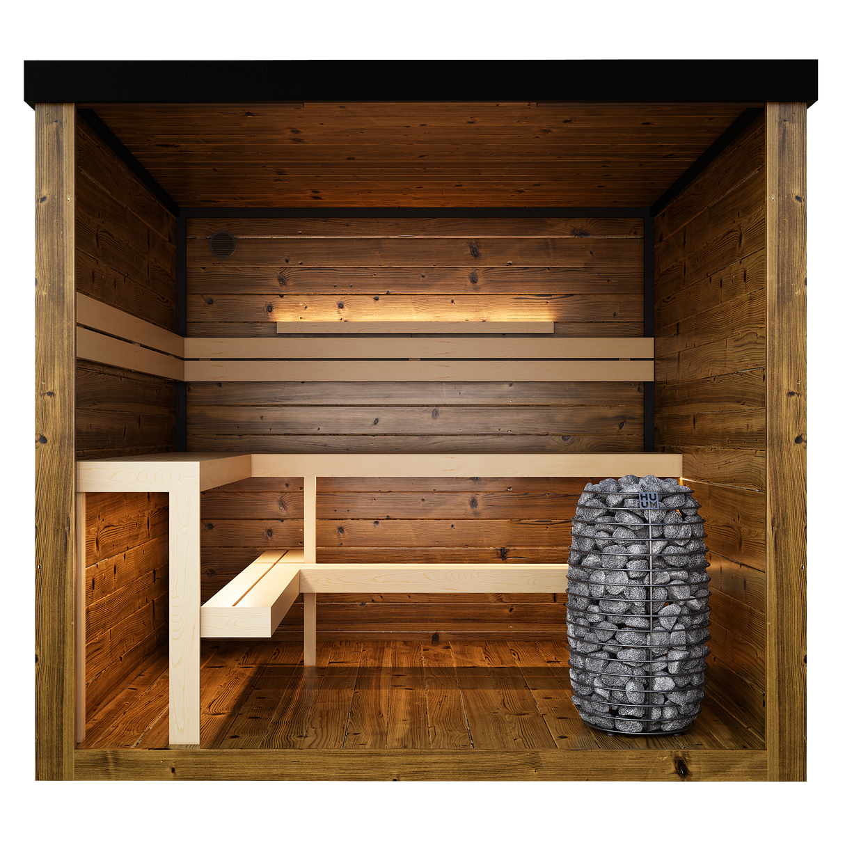 Interior front view of the Grand Monarch Outdoor Traditional Sauna