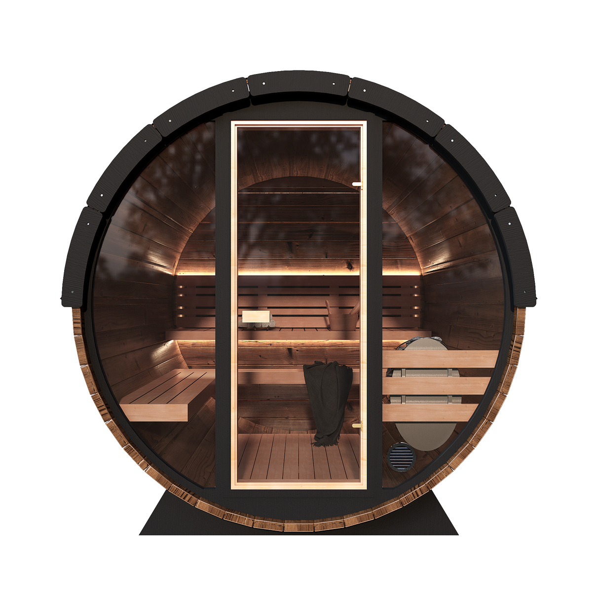 Front look of the Grand Nordic Front Glass outdoor barrel sauna with a large front glass window, featuring a wooden interior and visible seating inside.