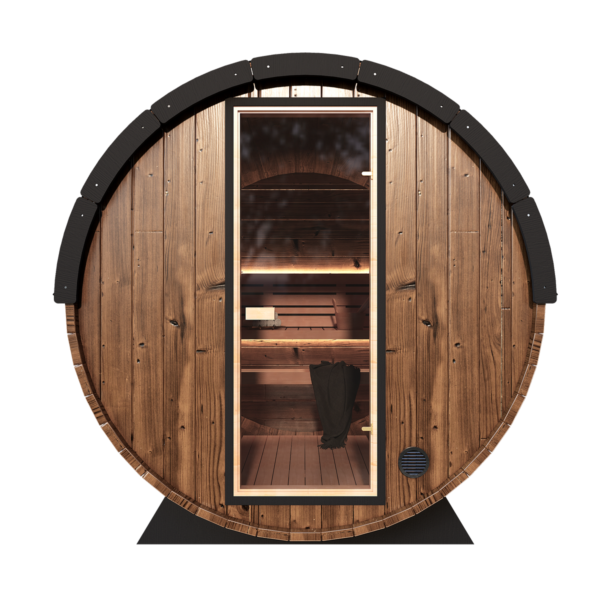 Front of the Grand Nordic Traditional Outdoor Barrel Sauna with a glass door and wooden benches inside.