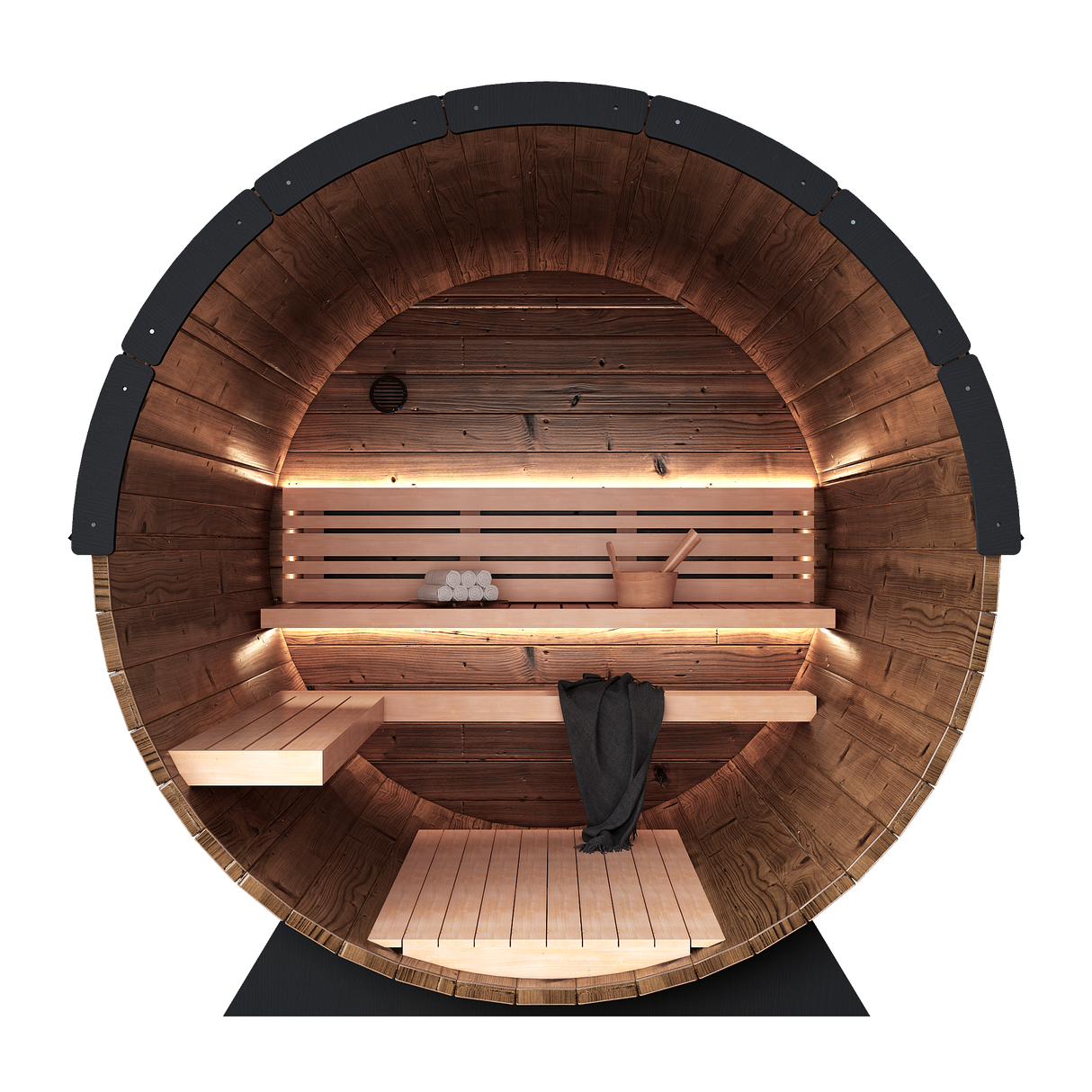 Interior of the Grand Nordic Traditional Outdoor Barrel Sauna