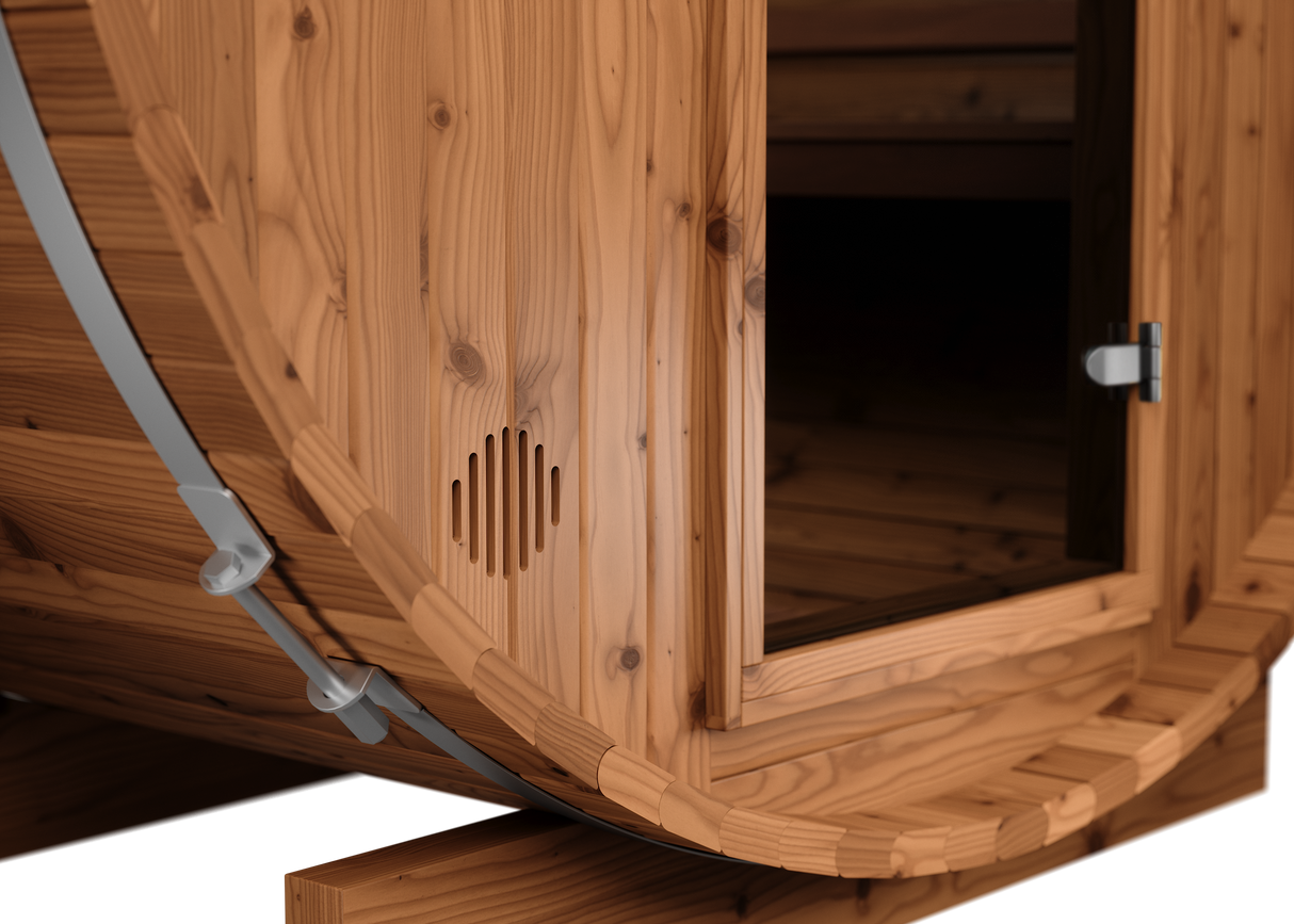 Close-up view of the Horizon sauna's exterior air vent