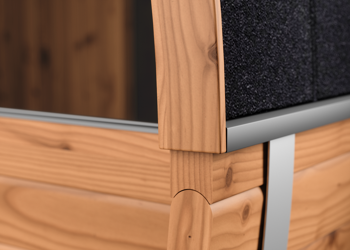 Close-up view of the Horizon sauna's exterior wood detail