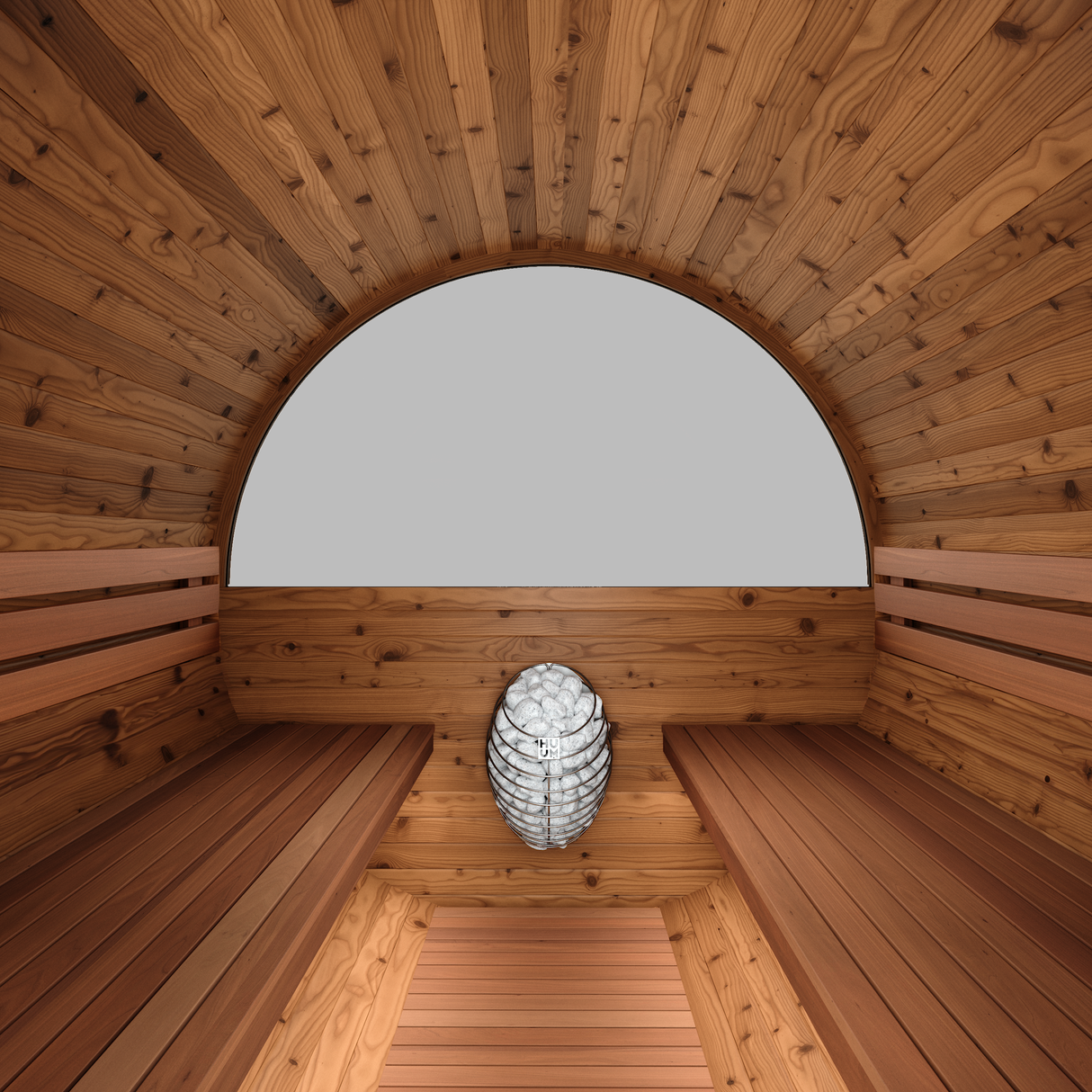 Front interior view of the Horizon sauna with half-moon window