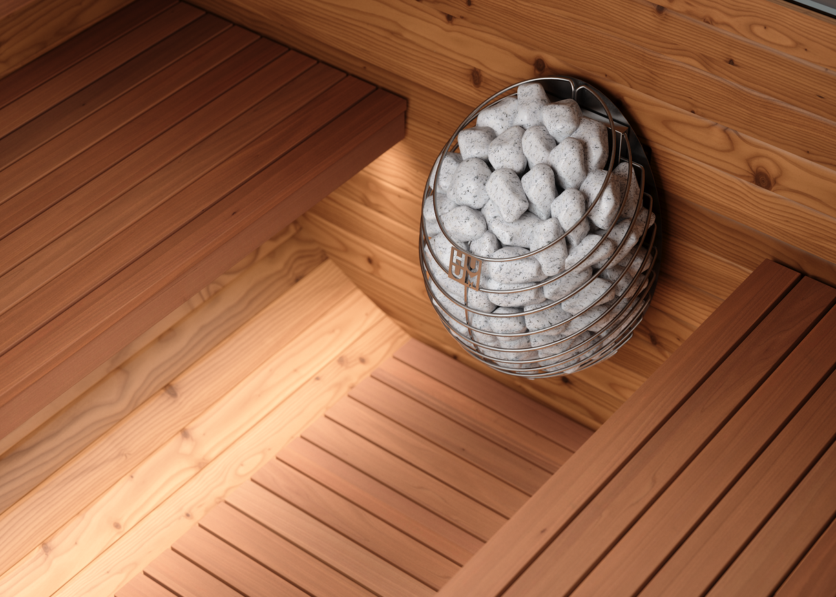 Close-up view of the Horizon sauna's heater