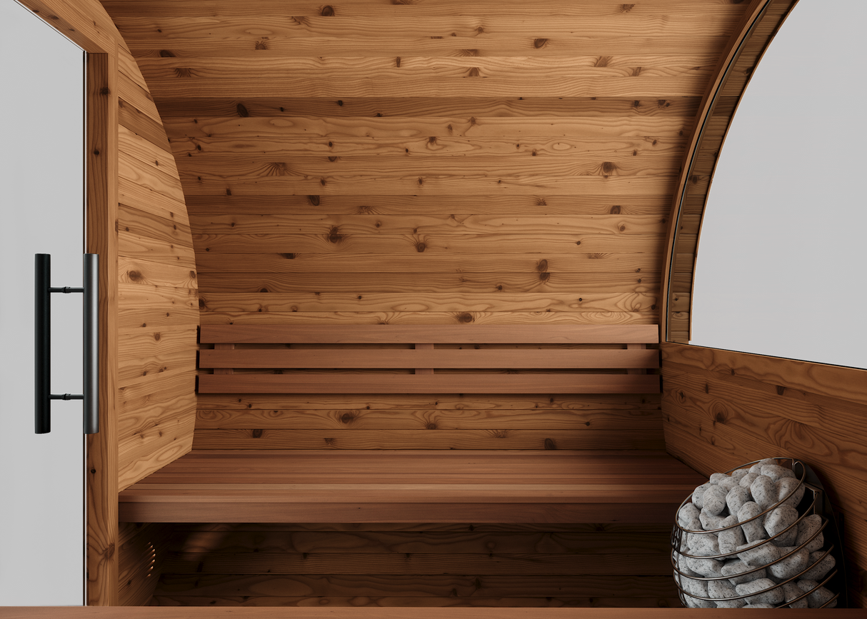Interior sectional view of the Horizon sauna with half-moon window
