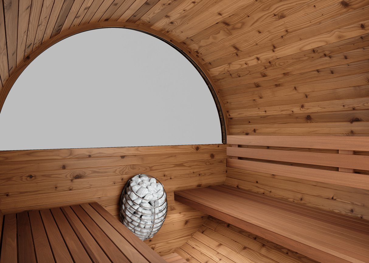 Side interior view of the Horizon sauna with half-moon window