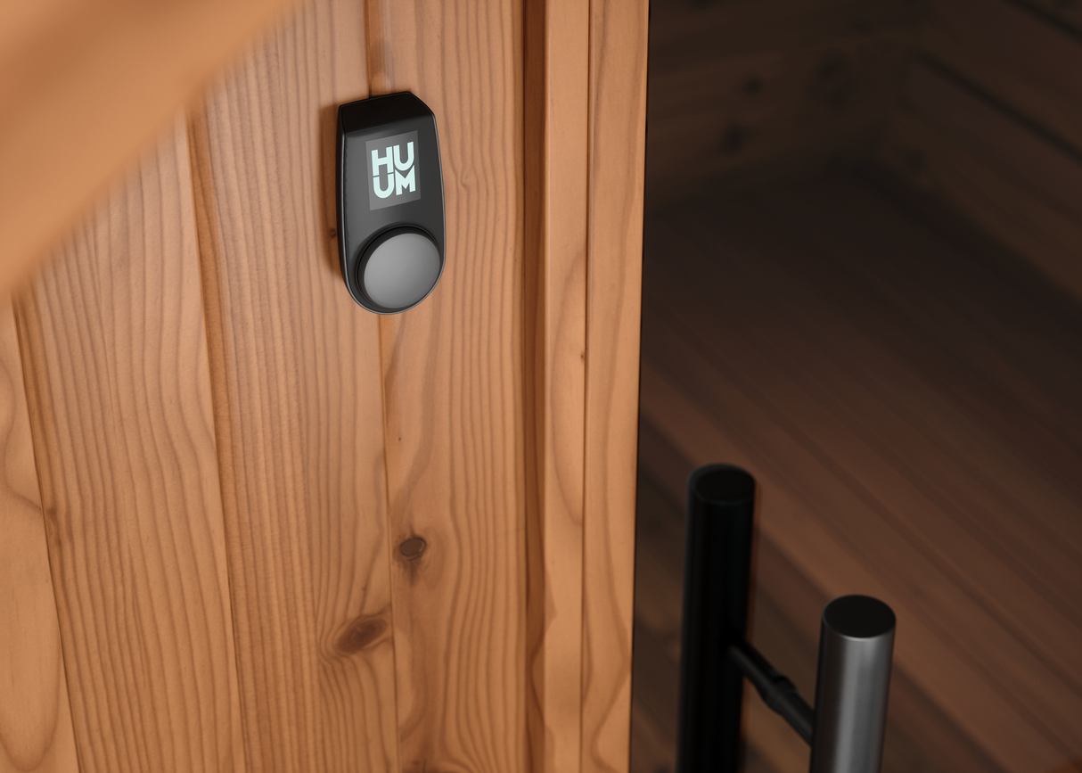 Close-up view of the Horizon sauna's exterior heater control panel