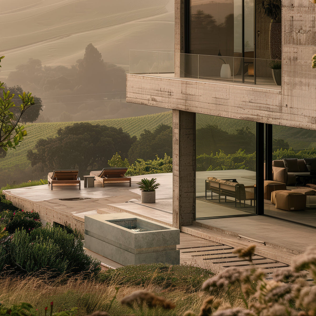 Loki Grigio Blend cold plunge in the garden of a modern hillside home