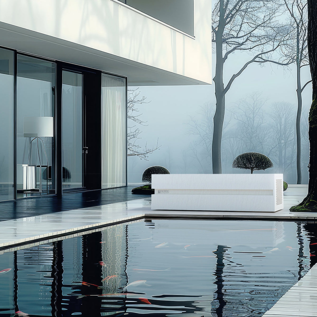 Loki Ardesia Bianco cold plunge beside a reflecting pool at a modern home