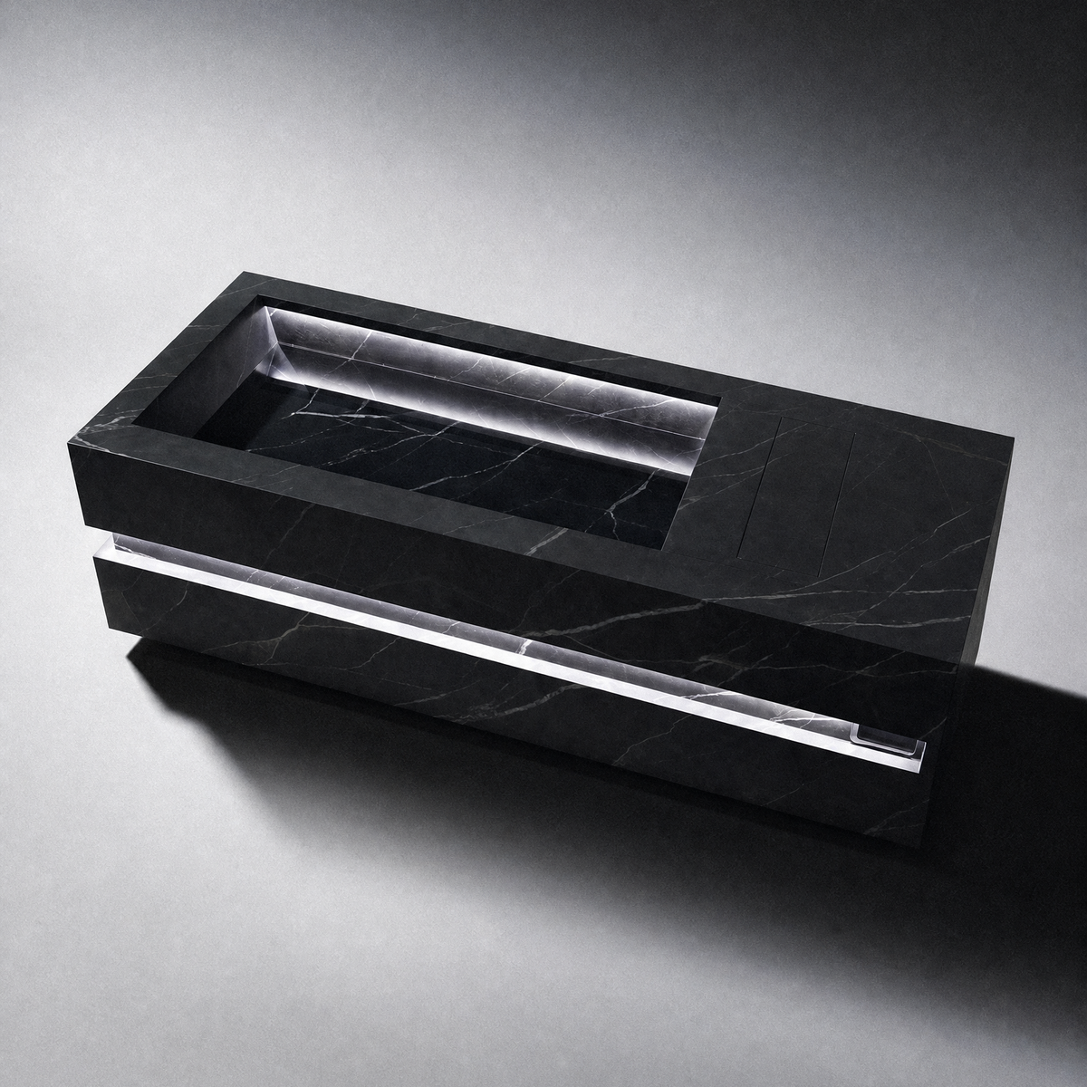 Loki Calacatta Black cold plunge with LED light strip, angled studio view