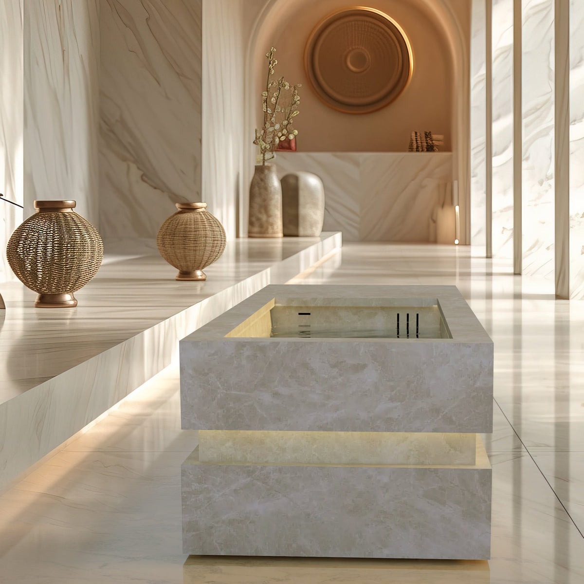 Loki Diamond Cream cold plunge in a cream-toned indoor spa room