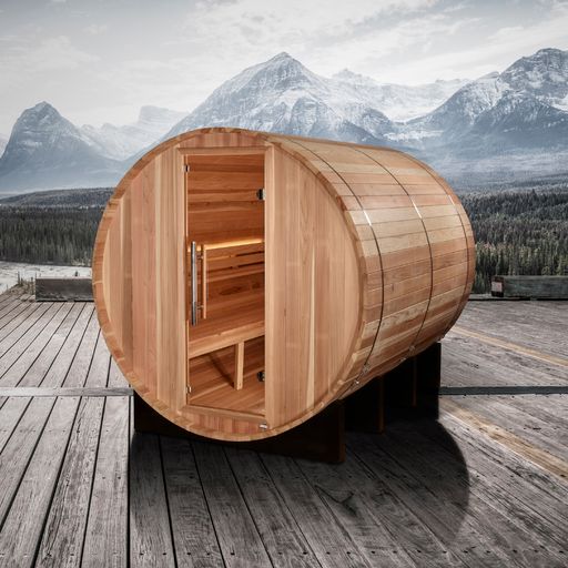 Backyard installation scene with the Marstrand II barrel sauna