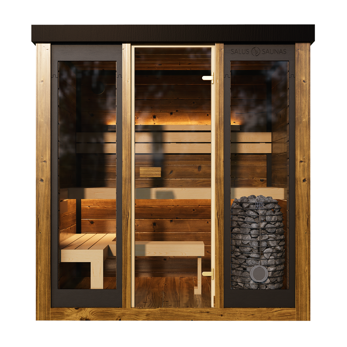 Front exterior view of the Monarch Traditional Outdoor Sauna