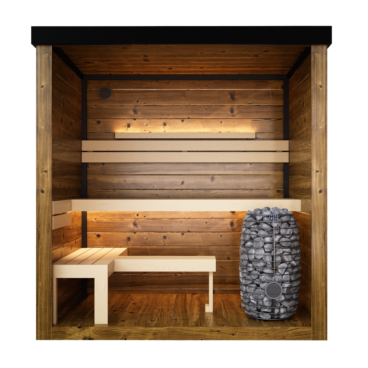Front interior view of the Monarch Outdoor Traditional Saunas