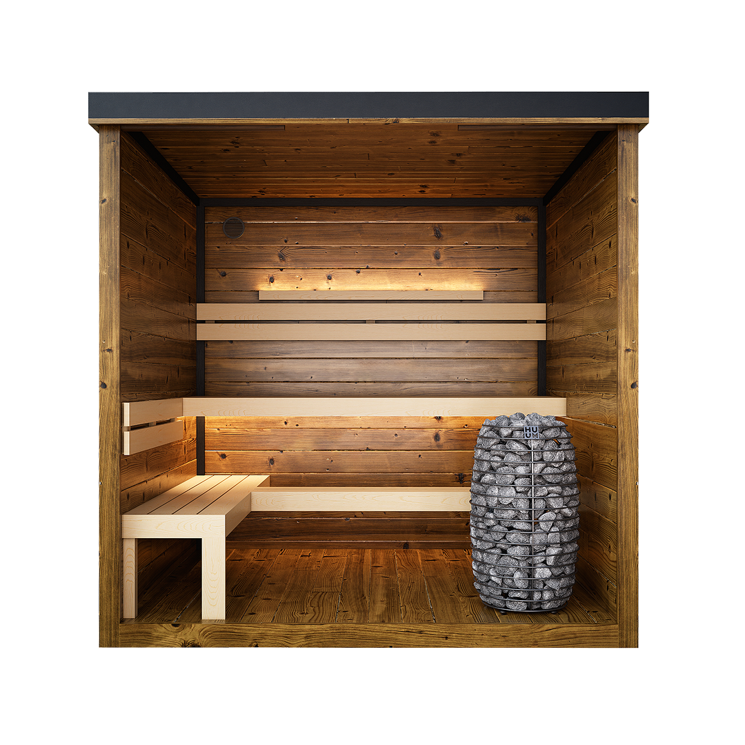 Front interior view of the Monarch King Outdoor Traditional Sauna