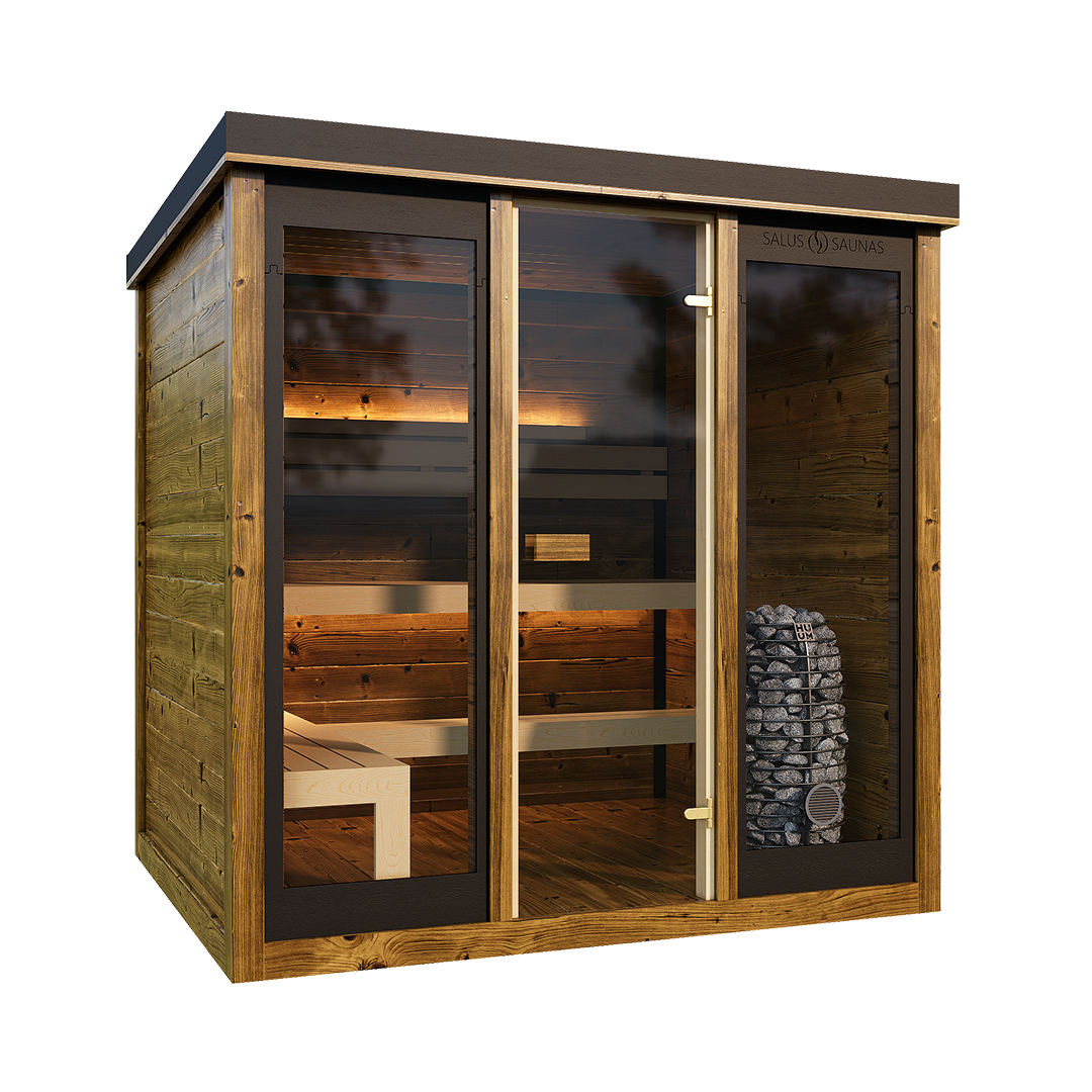 Side exterior view of the Monarch King Outdoor Traditional Sauna