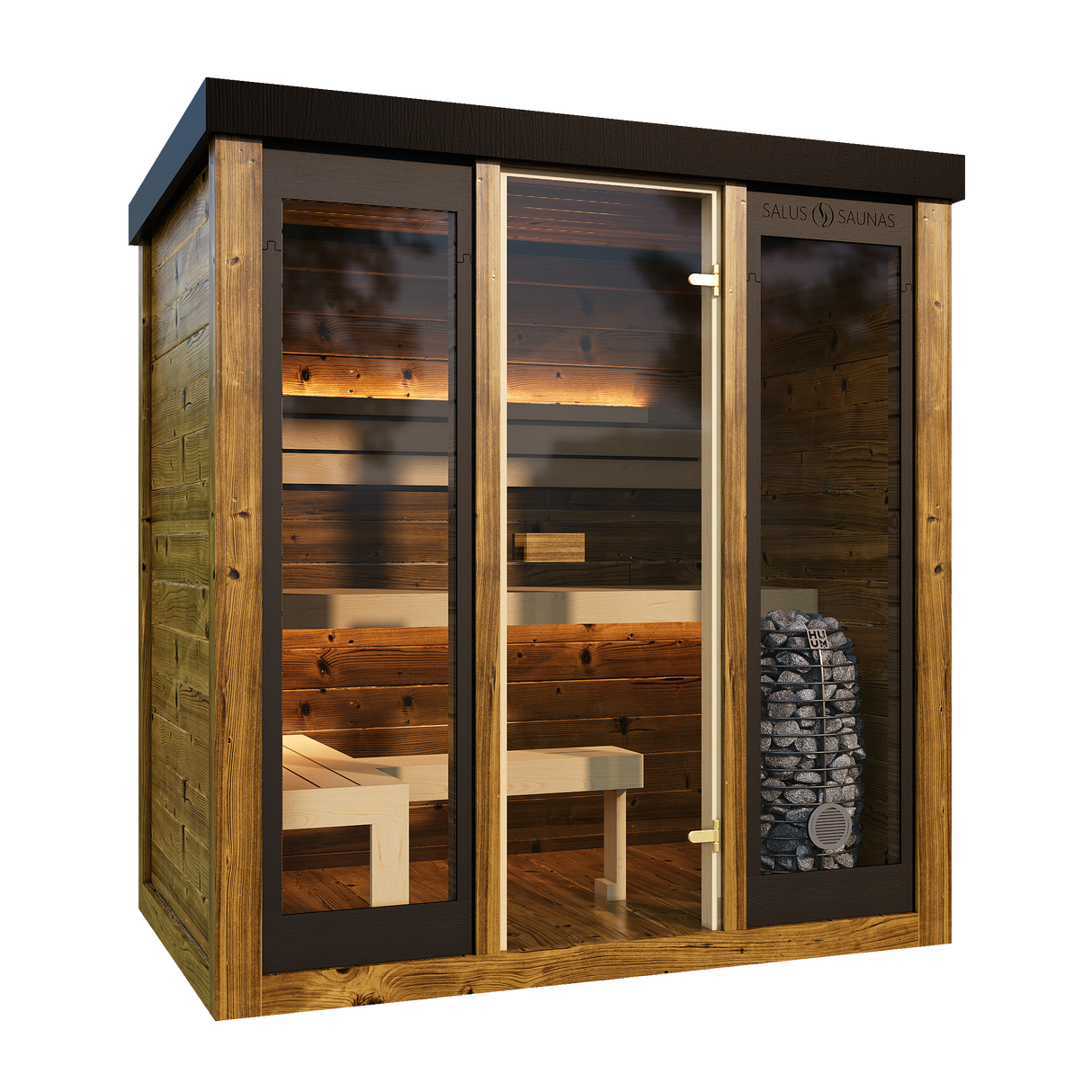 Side exterior view of the Monarch Outdoor Traditional Saunas