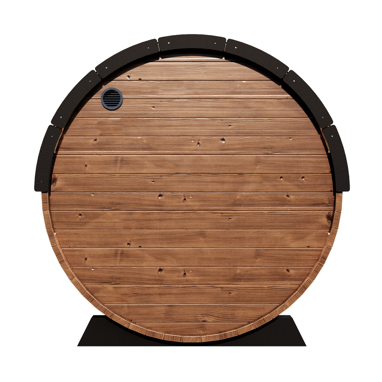 Backside view of the Nordic II barrel sauna