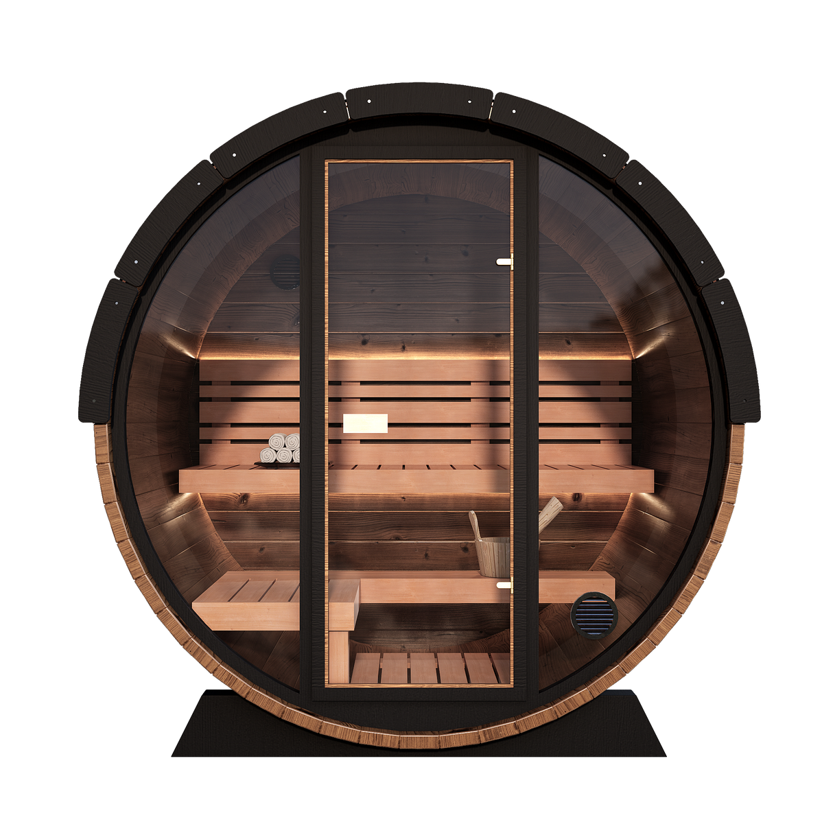 Nordic II outdoor barrel sauna with front glass panels, featuring wooden benches and a dark brown color scheme.