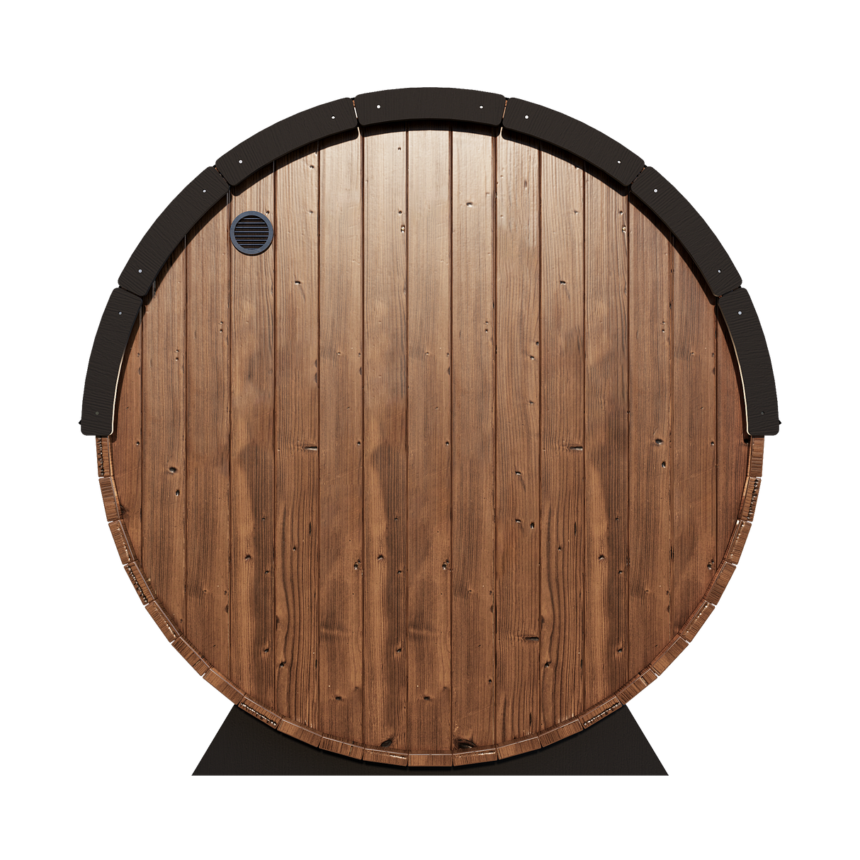Rear view of the Nordic sauna, highlighting the curved barrel shape and premium craftsmanship