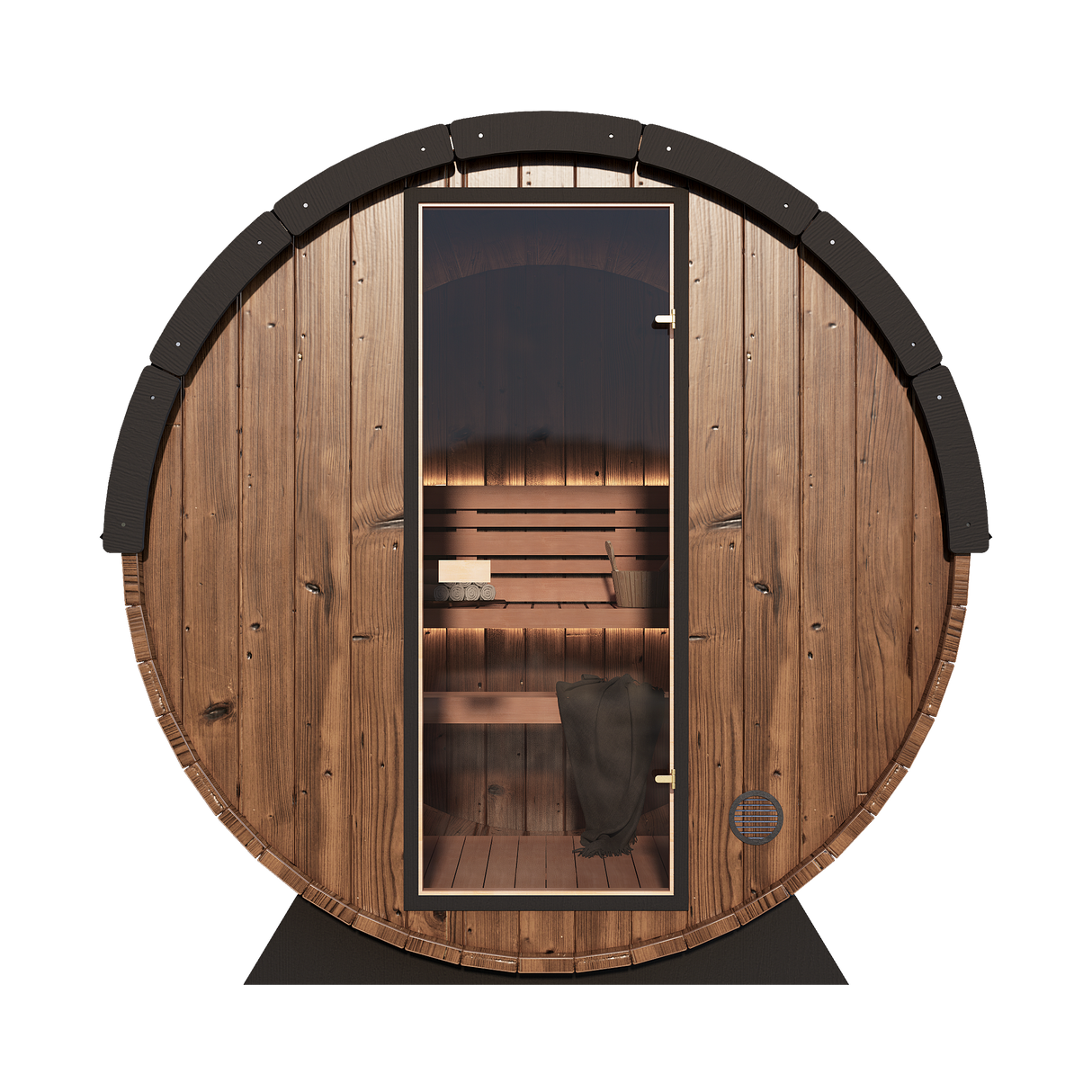 Nordic King Mid-sized 4-person barrel sauna with a thermally-modified pine exterior and a watertight shingled roof kit.