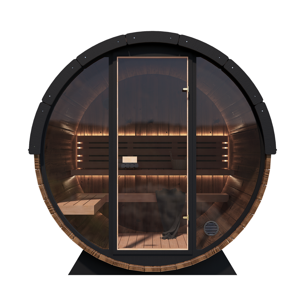 Nordic King outdoor barrel sauna with a glass front and wooden interior.