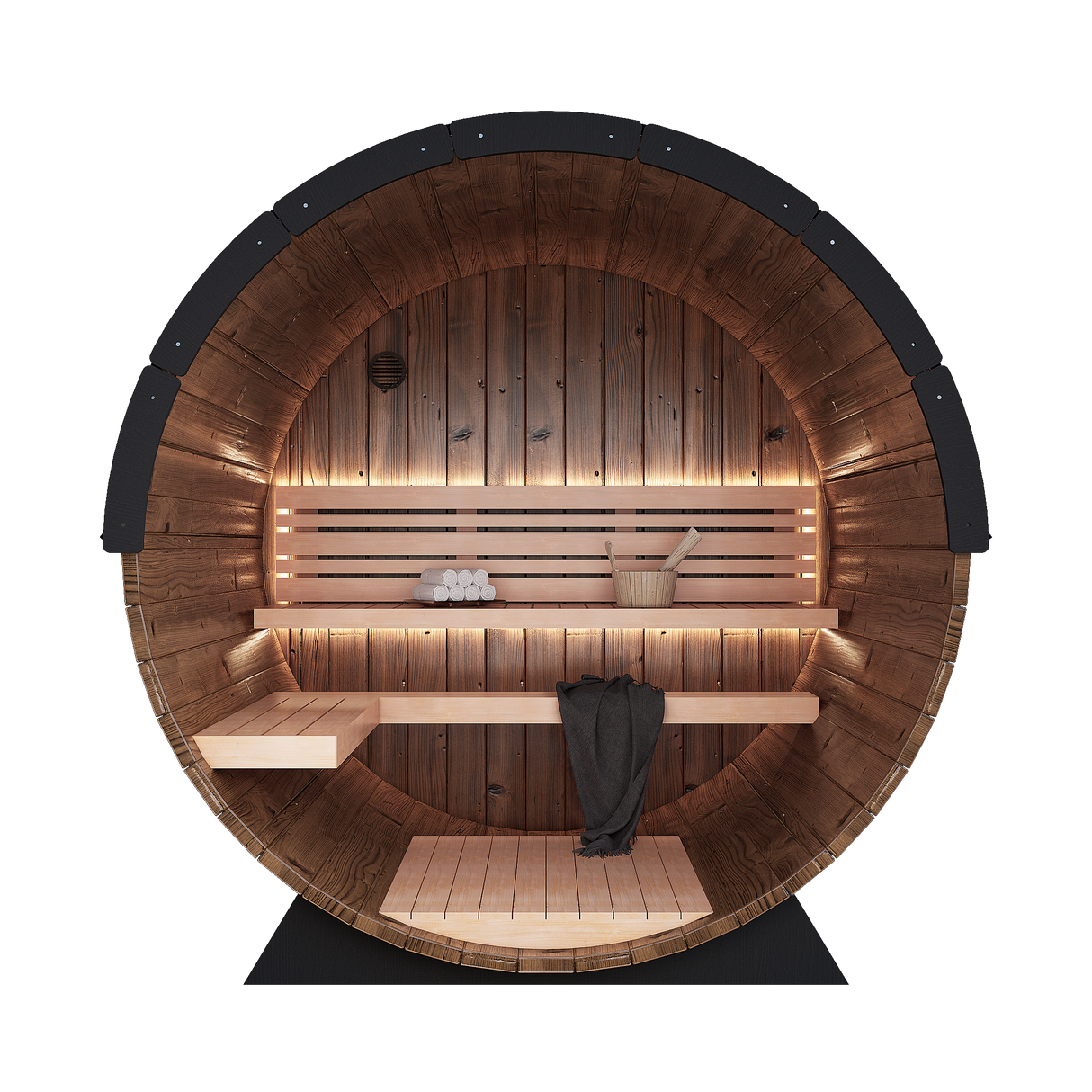 Comfortable Nordic King sauna interior with wooden benches and soft lighting, ideal for up to four people.