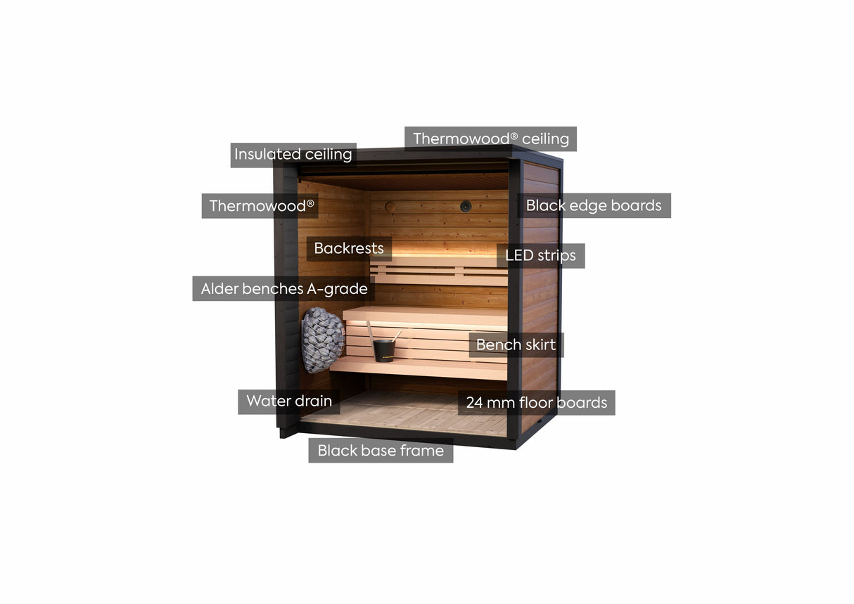 Front Side view of Flora Sauna Interior with its characteristics
